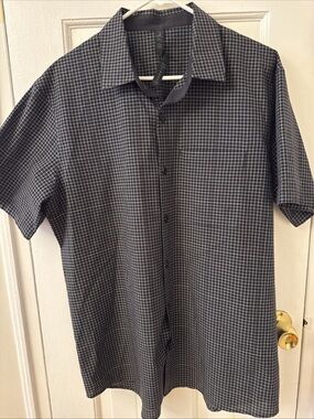 Lululemon Mens Shirt Black Checker-Grid Short Sleeve Button Up Casual Size XL